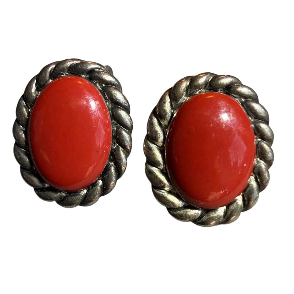 Vintage‎ 1950s Clip-On Earrings Red Resin Cabochon Faux Silver Tone Mid-Century